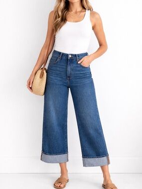Talbots Loft Wide Leg Cropped Jeans Cuffed Hem High Rise Size 12 Cotton Relaxed